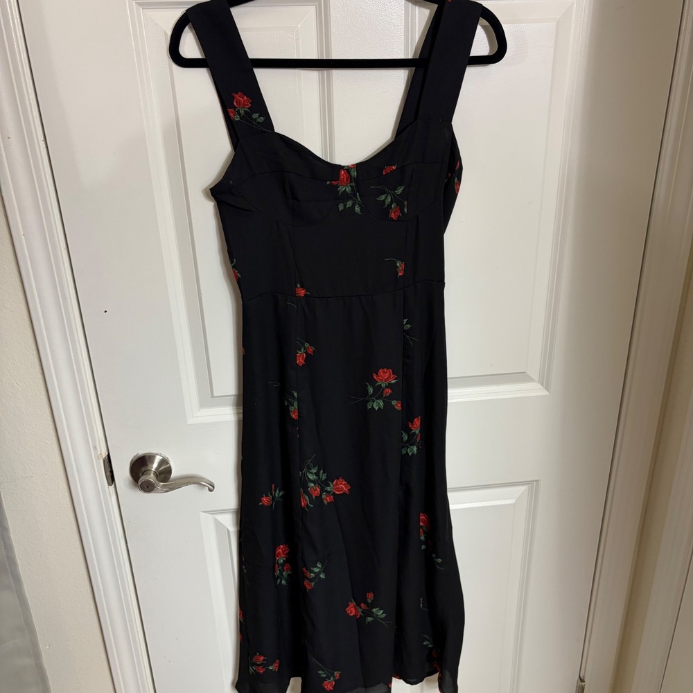 Black Rose Floral Print Midi Dress Sweetheart Neck Smocked Back Slit